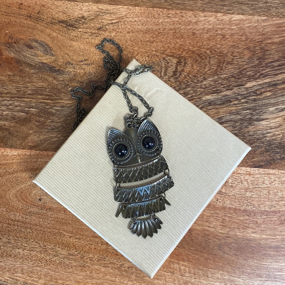 🖤 VTG Y2K Gold Brass Bohemian Owl Pendant Necklace